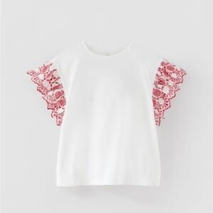 ZARA White Girls T-Shirt/Blouse/Top w/Red Lace Flutter Sleeves sz 11-12